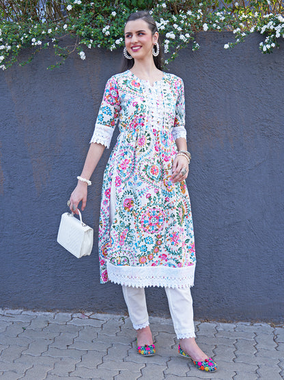 Ethnic Floral Printed A-Line Kurta with Pant - Multi