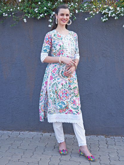 Ethnic Floral Printed A-Line Kurta with Pant - Multi
