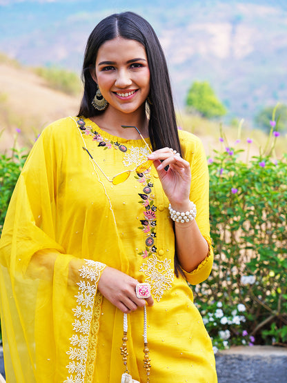 Hand Embroidered Straight Fit Kurta with Pants and Dupatta - Yellow