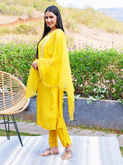 Hand Embroidered Straight Fit Kurta with Pants and Dupatta - Yellow