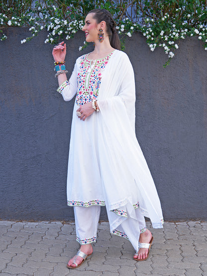 Ethnic Embroidered A-Line Kurta with Palazzo & Dupatta - White