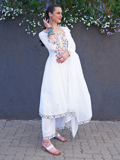 Ethnic Embroidered A-Line Kurta with Palazzo & Dupatta - White