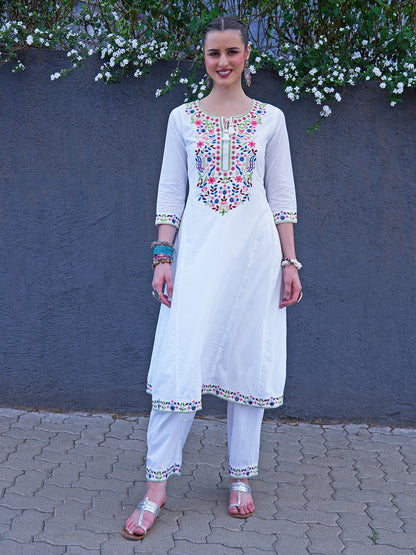 Ethnic Embroidered A-Line Kurta with Palazzo & Dupatta - White