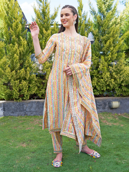 Ethnic Stripes Printed & Embroidered Kurta with Pant & Dupatta - Multi