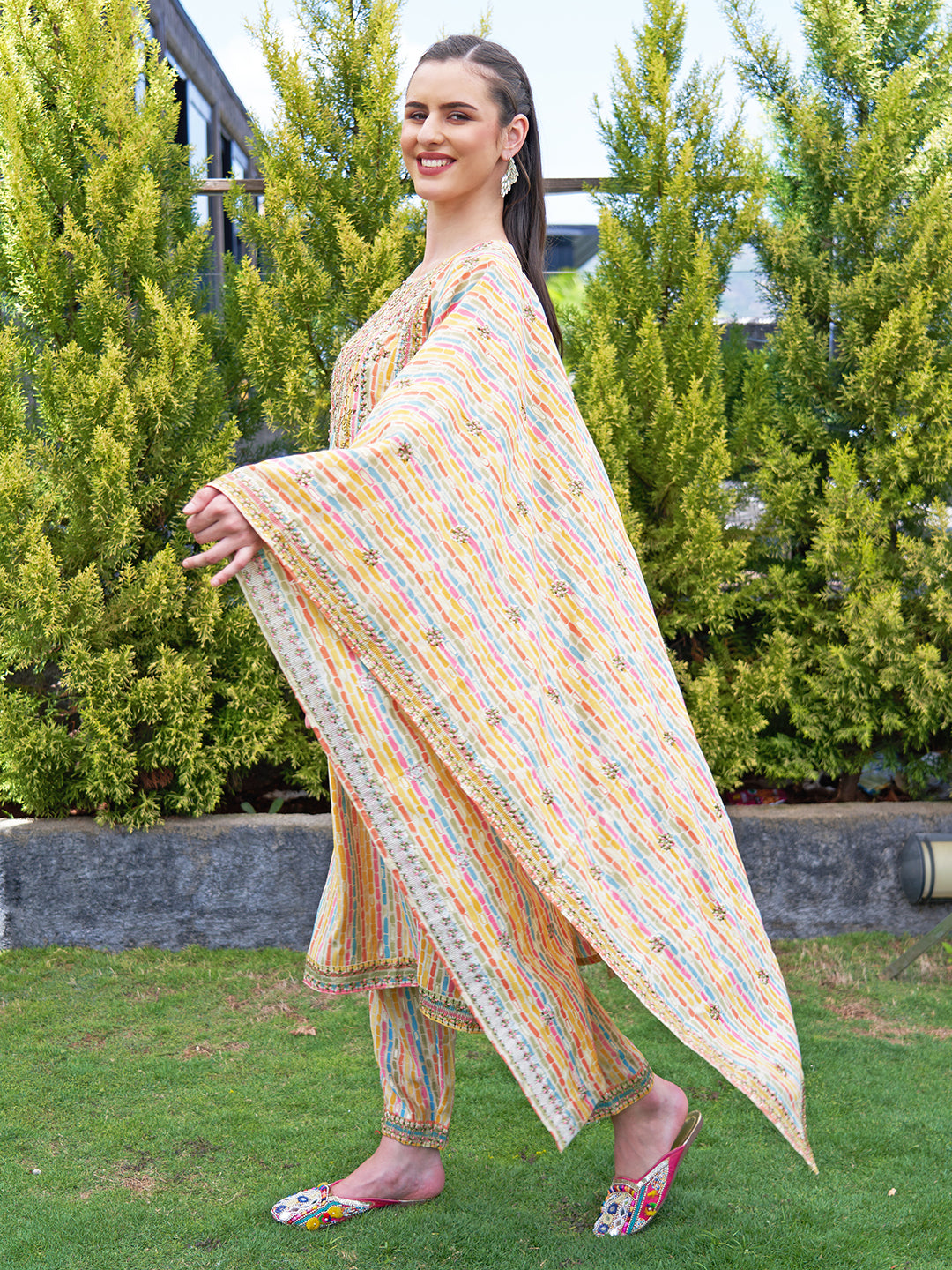 Ethnic Stripes Printed & Embroidered Kurta with Pant & Dupatta - Multi