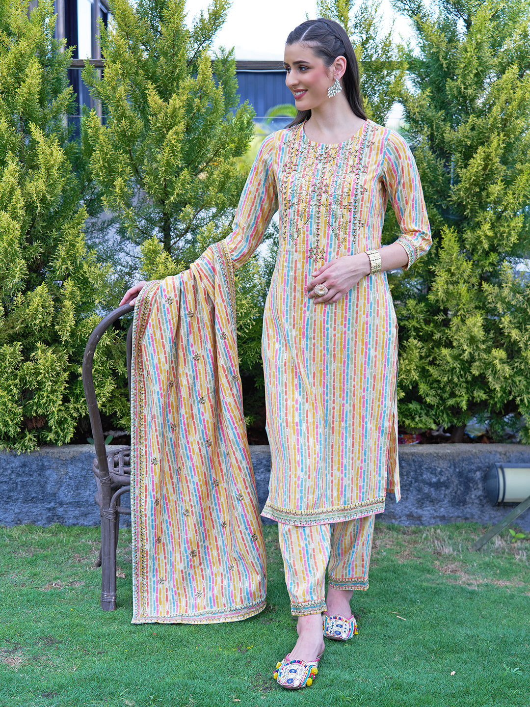 Ethnic Stripes Printed & Embroidered Kurta with Pant & Dupatta - Multi