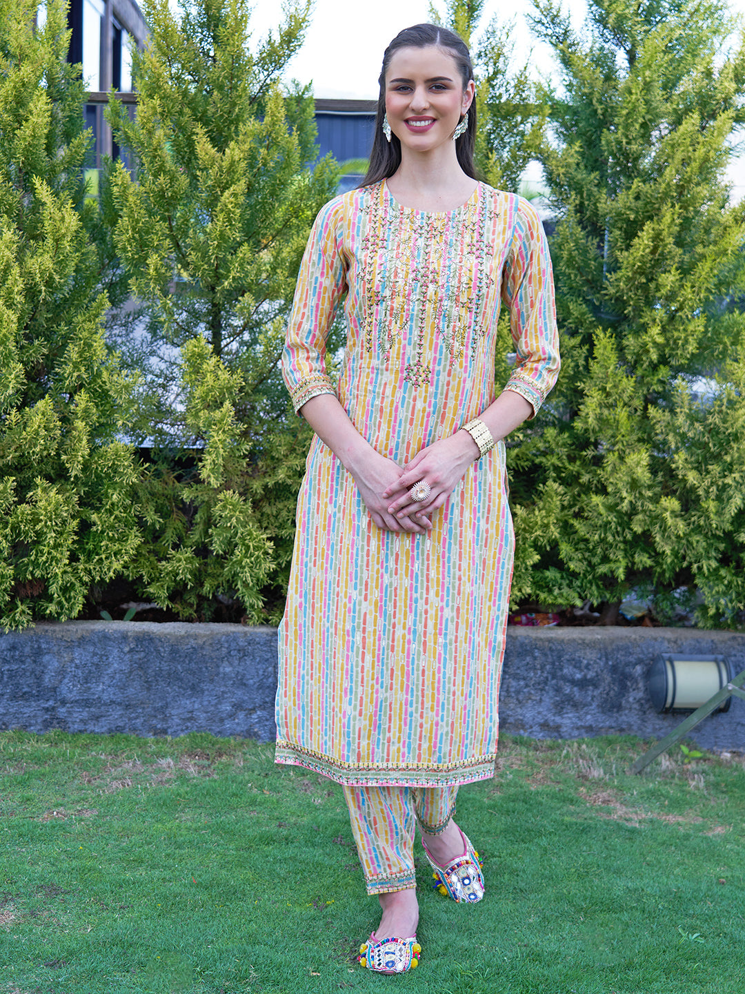 Ethnic Stripes Printed & Embroidered Kurta with Pant & Dupatta - Multi