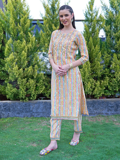 Ethnic Stripes Printed & Embroidered Kurta with Pant & Dupatta - Multi