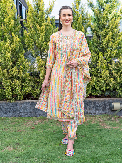 Ethnic Stripes Printed & Embroidered Kurta with Pant & Dupatta - Multi