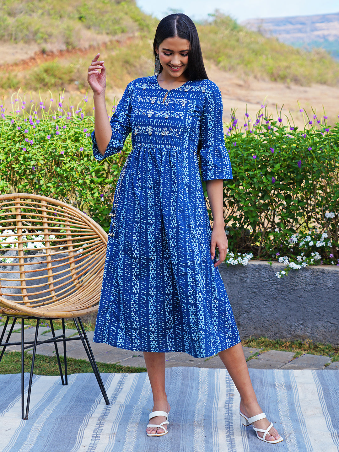 Ethnic Printed & Hand Embroidered A-Line Midi Dress - Indigo Blue