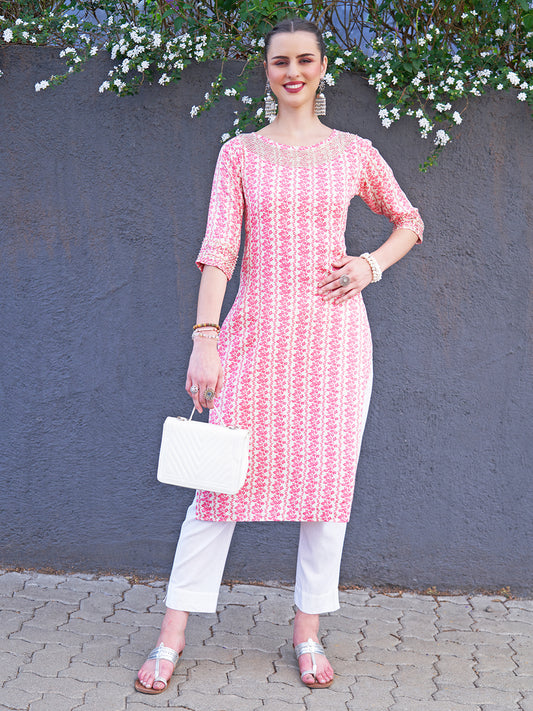 Floral Printed & Hand Embroidered Straight Fit Kurta - Pink