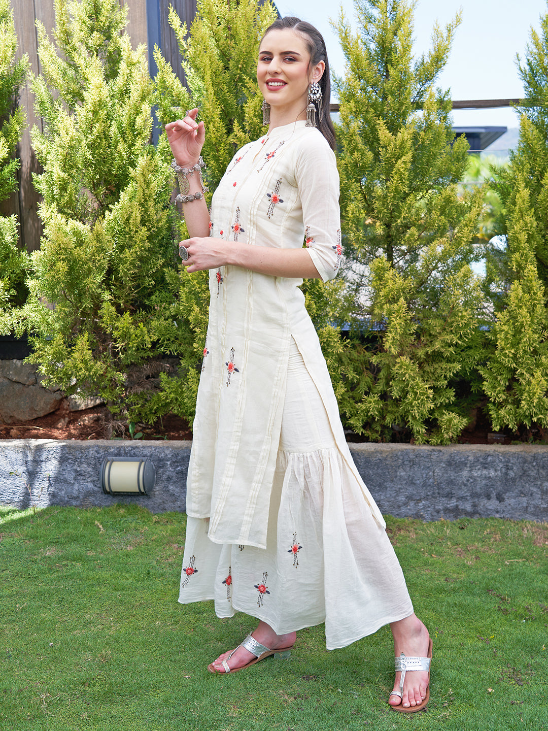 Floral Hand Embroidered Straight Kurta with Sharara and Dupatta - Off White