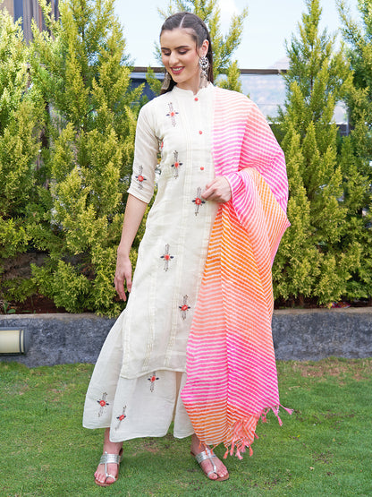 Floral Hand Embroidered Straight Kurta with Sharara and Dupatta - Off White