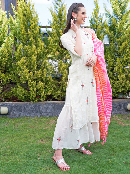 Floral Hand Embroidered Straight Kurta with Sharara and Dupatta - Off White