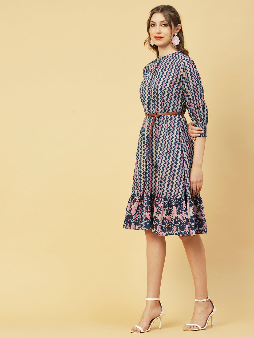 Chevron Printed Beaded Buttons Ornamented Midi Dress With Waist Belt - Blue