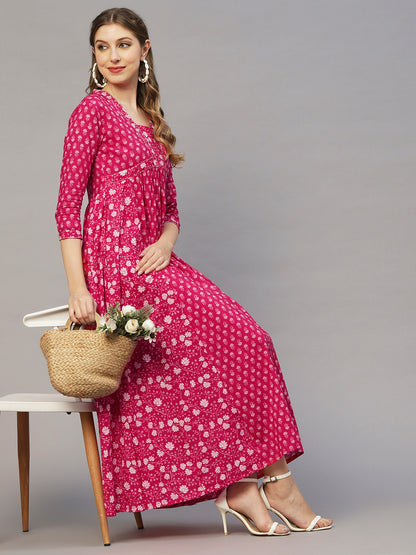 Floral Printed Sequins & Resham Embroidered Paneled Empire Maxi Dress - Fuchsia