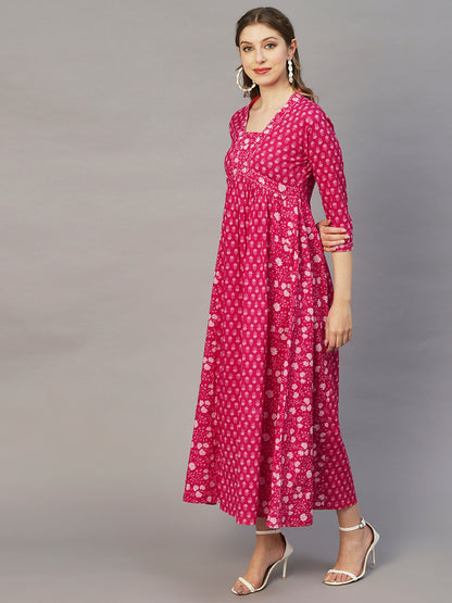 Floral Printed Sequins & Resham Embroidered Paneled Empire Maxi Dress - Fuchsia