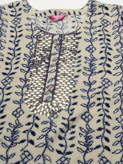 Ethnic Printed Mirror, Resham & Crystal Stone Embroidered Kurta - Grey & Blue
