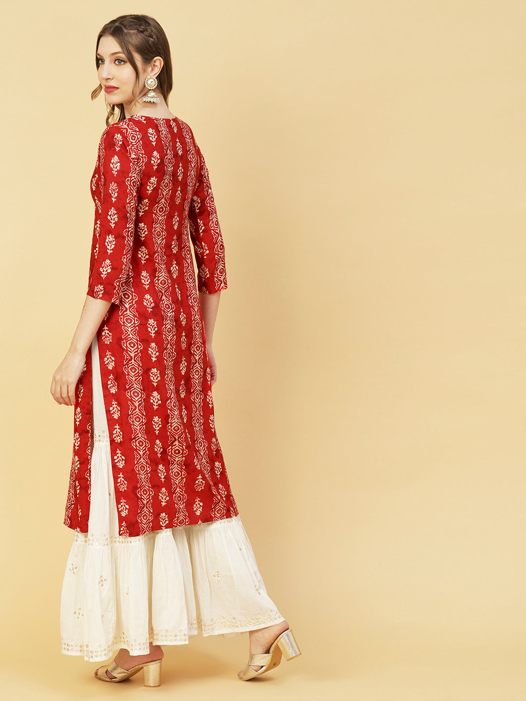 Abstract Foil Printed Mirror, Cutdana & Pearl Embroidered Kurta - Red