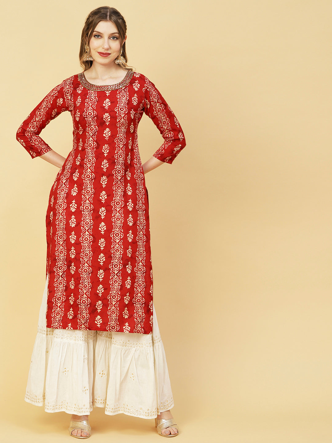 Abstract Foil Printed Mirror, Cutdana & Pearl Embroidered Kurta - Red