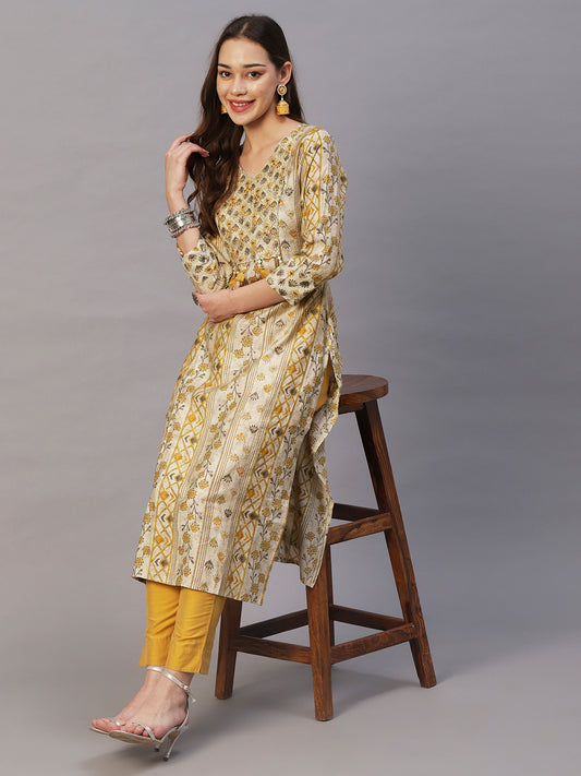 Floral & Abstract Foil Printed Mirror Embroidered Kurta - Yellow