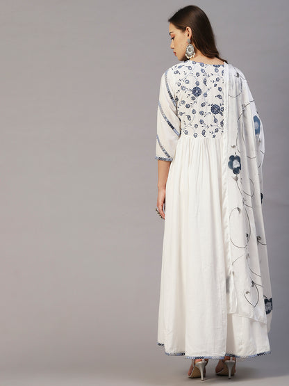 Solid Floral Embroidered A-Line Kurta with Pant & Hand Painted Dupatta - White