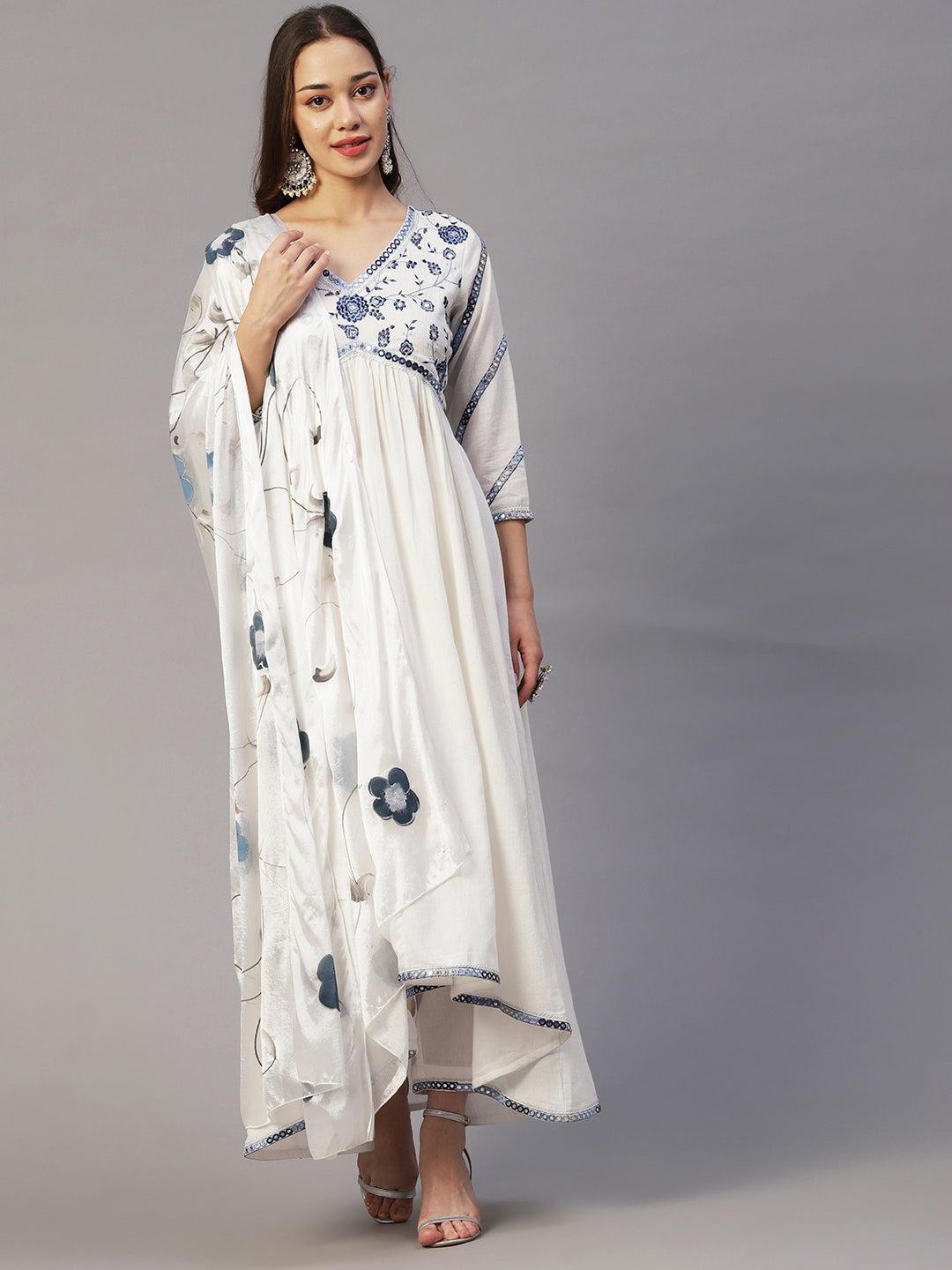 Solid Floral Embroidered A-Line Kurta with Pant & Hand Painted Dupatta - White