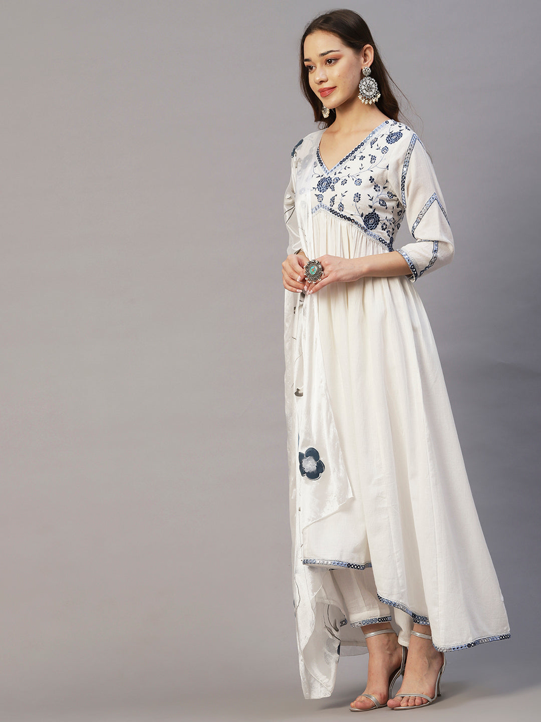 Solid Floral Embroidered A-Line Kurta with Pant & Hand Painted Dupatta - White