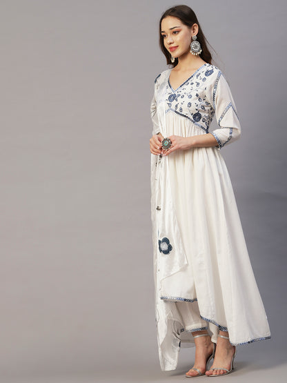 Solid Floral Embroidered A-Line Kurta with Pant & Hand Painted Dupatta - White