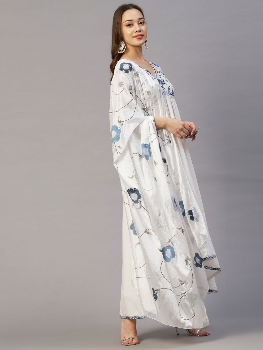 Solid Floral Embroidered A-Line Kurta with Pant & Hand Painted Dupatta - White