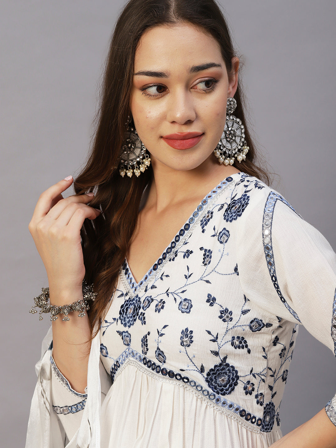 Solid Floral Embroidered A-Line Kurta with Pant & Hand Painted Dupatta - White