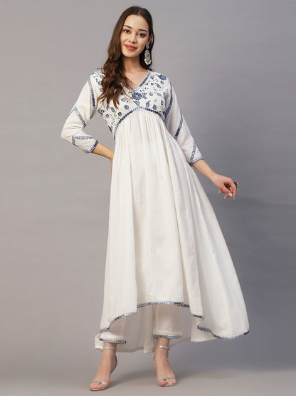 Solid Floral Embroidered A-Line Kurta with Pant & Hand Painted Dupatta - White