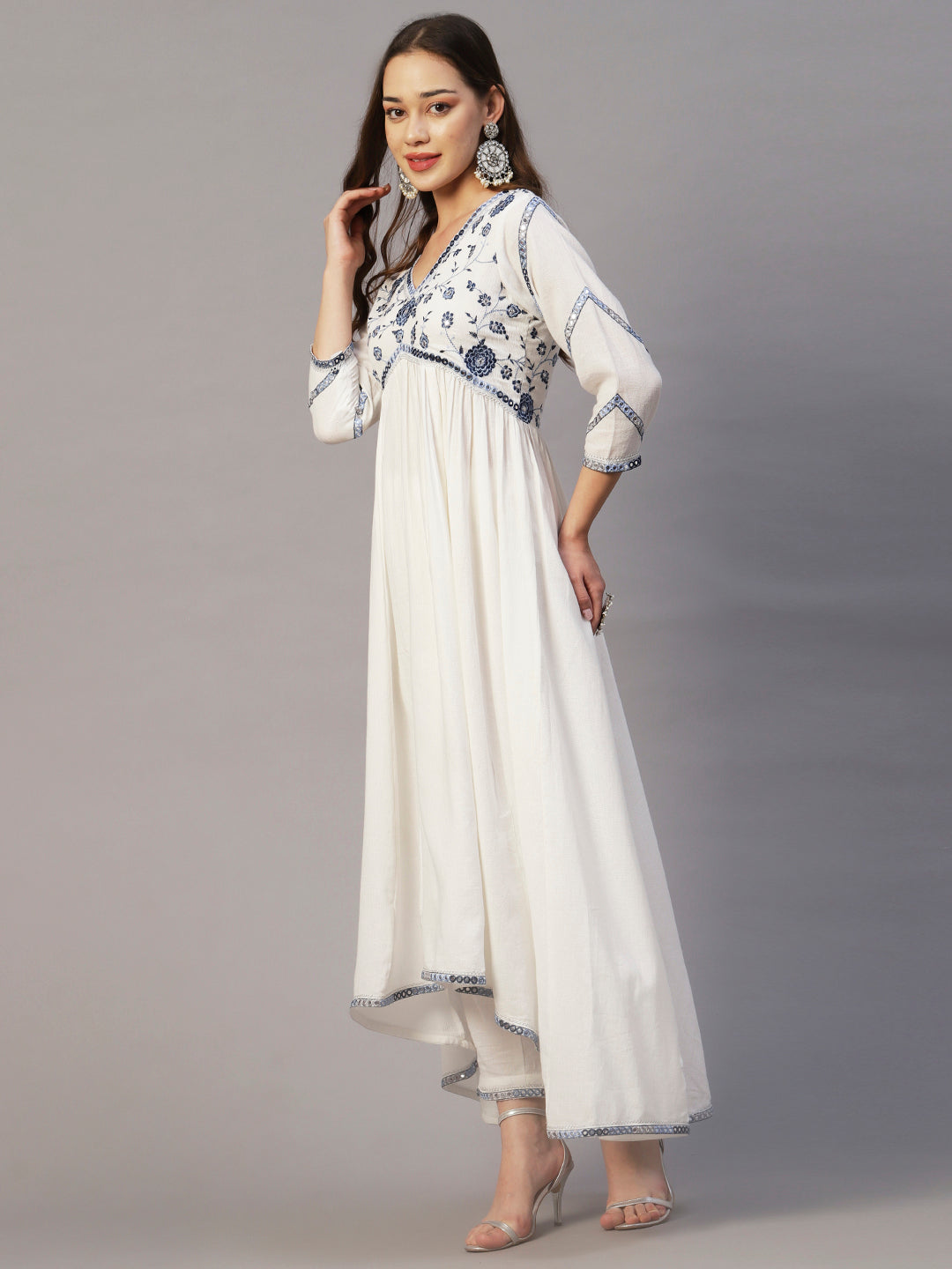 Solid Floral Embroidered A-Line Kurta with Pant & Hand Painted Dupatta - White