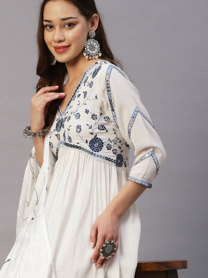 Solid Floral Embroidered A-Line Kurta with Pant & Hand Painted Dupatta - White