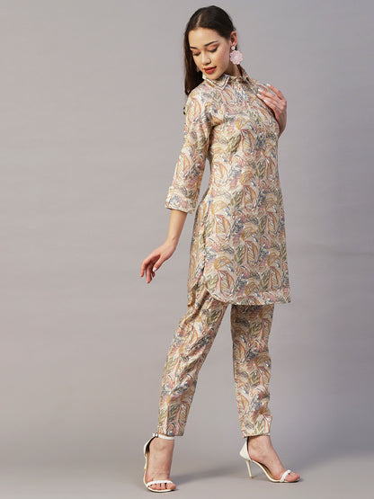 Leaf Foil Printed Sequins Embroidered Kurta With Printed Pants Set - Beige & Multi