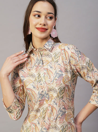 Leaf Foil Printed Sequins Embroidered Kurta With Printed Pants Set - Beige & Multi
