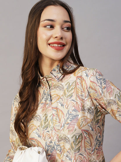 Leaf Foil Printed Sequins Embroidered Kurta With Printed Pants Set - Beige & Multi