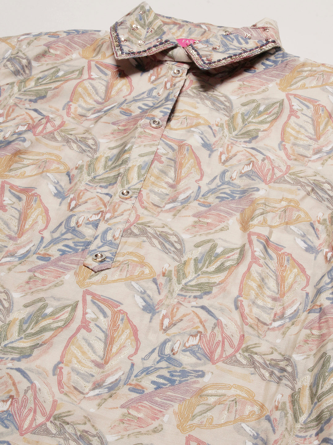 Leaf Foil Printed Sequins Embroidered Kurta With Printed Pants Set - Beige & Multi