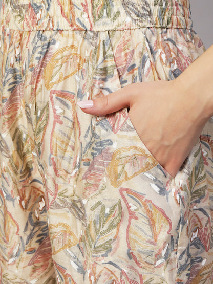 Leaf Foil Printed Sequins Embroidered Kurta With Printed Pants Set - Beige & Multi