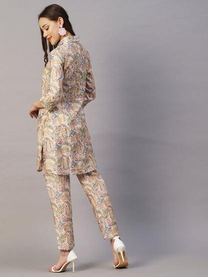 Leaf Foil Printed Sequins Embroidered Kurta With Printed Pants Set - Beige & Multi