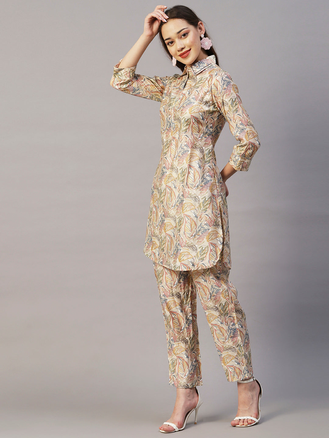 Leaf Foil Printed Sequins Embroidered Kurta With Printed Pants Set - Beige & Multi