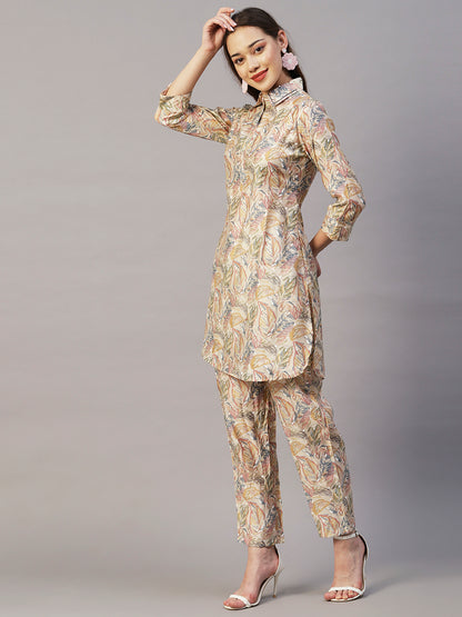 Leaf Foil Printed Sequins Embroidered Kurta With Printed Pants Set - Beige & Multi