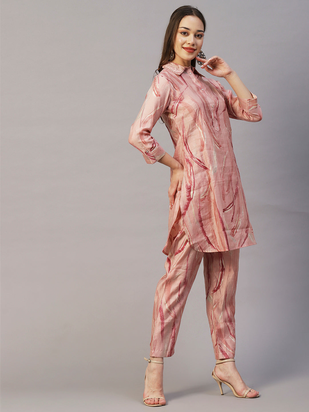 Abstract Foil Printed Sequins & Beads Embroidered Kurta With Pants Set - Pink