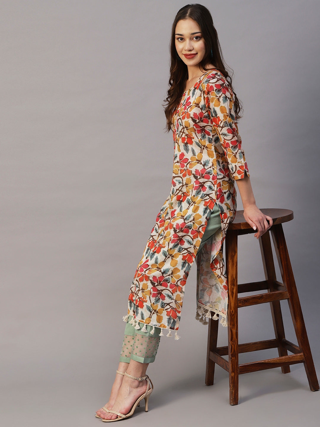 Abstract Floral Printed Straight Fit Linen Blend Kurta - Multi