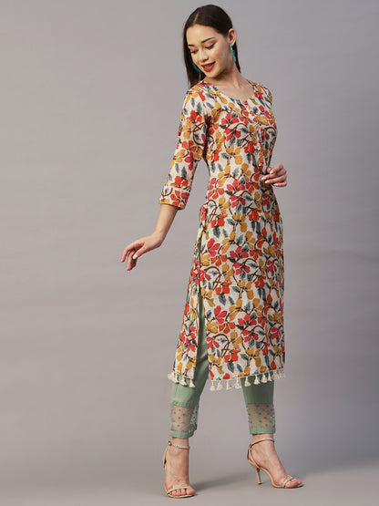 Abstract Floral Printed Straight Fit Linen Blend Kurta - Multi