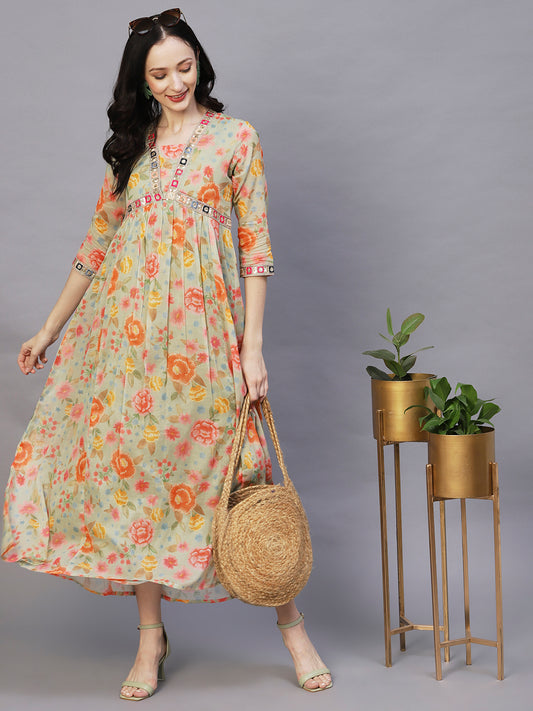 Floral Printed & Embroidered A-Line Maxi Cotton Mulmul Dress - Pastel Green