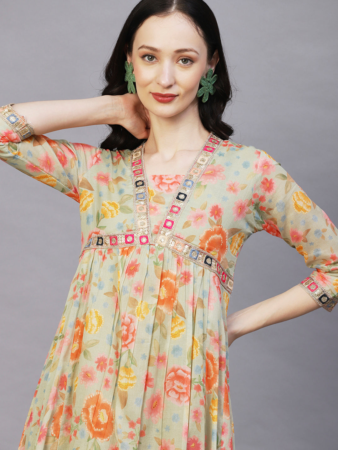Floral Printed & Embroidered A-Line Maxi Cotton Mulmul Dress - Pastel Green