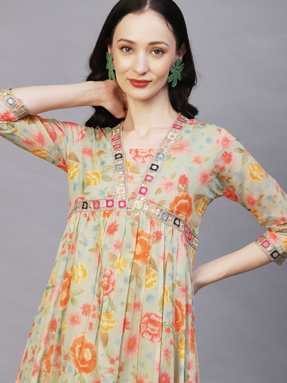 Floral Printed & Embroidered A-Line Maxi Cotton Mulmul Dress - Pastel Green