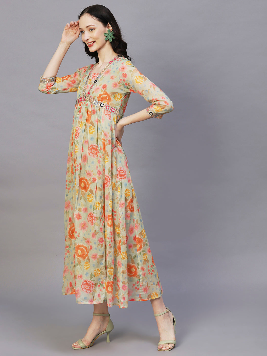 Floral Printed & Embroidered A-Line Maxi Cotton Mulmul Dress - Pastel Green
