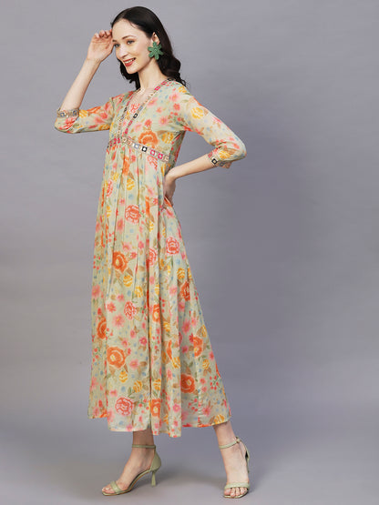 Floral Printed & Embroidered A-Line Maxi Cotton Mulmul Dress - Pastel Green